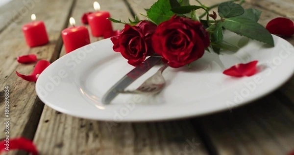 Fototapeta Displaying three red roses resting on plate with cutlery on weathered wooden table, 4 lit candles