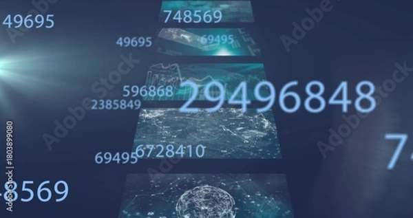 Obraz Floating pale-blue numeric string 29496848 anchoring data corridor, with panels and globe network