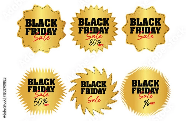 Fototapeta A collection of six gold black Friday sale stickers with different designs on a white background vector