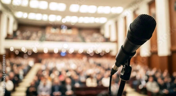Obraz Microphone on Stand in Conference Hall with Blurred Audience Background