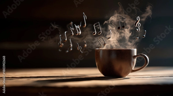 Fototapeta Music notes emerging from a steaming coffee cup on a wooden table, concept of morning inspiration through sound