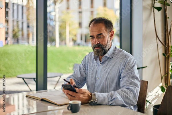 Fototapeta Businessman At Outdoor Café Using Smartphone With Notebook And Coffee In Bright Modern Setting
