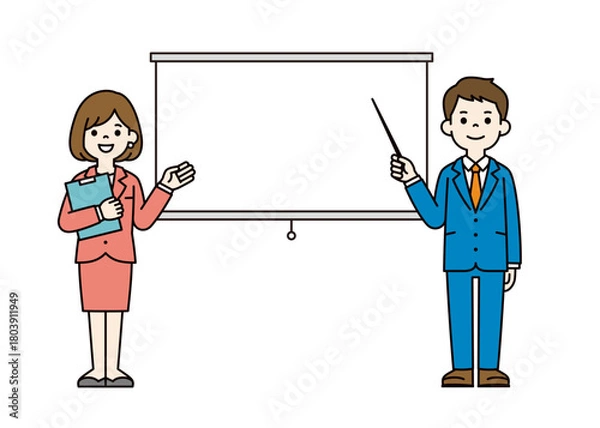 Obraz スクリーンと、ポインターを持って説明する男性社員の全身ベクターイラスト素材＿カラー