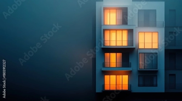 Obraz A modern building with glowing orange windows against a dark background, creating a moody atmosphere ideal for real estate ads, architectural designs, or urban living concepts,