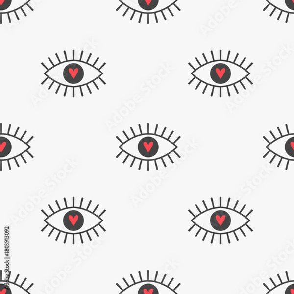 Fototapeta Cute eye pattern with red hearts for printing