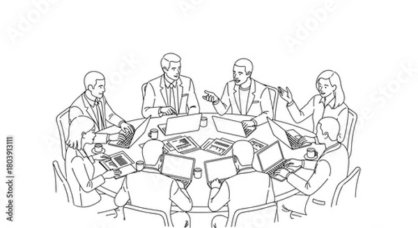 Fototapeta Dynamic business team brainstorming ideas at round table meeting