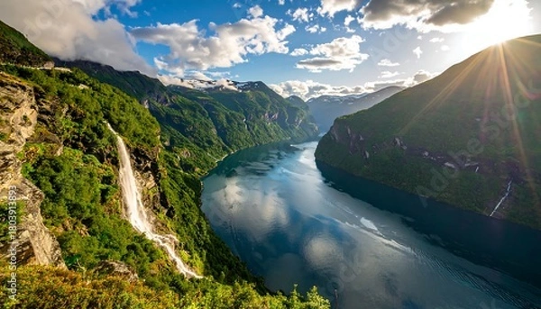 Fototapeta A scenic panoramic view of a fjord with mountains, lush greenery, waterfalls, and the sun's rays bursting through the clouds