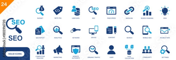 Fototapeta SEO icon. Includes keywords, backlink, marketing, SEO optimization, search. Solid vector icon set.