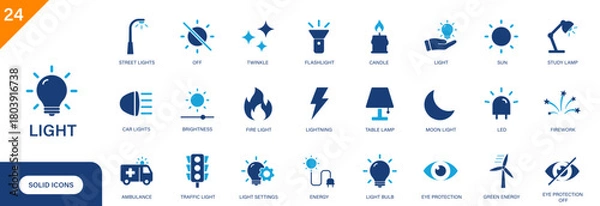 Fototapeta Light icon. Includes light bulb, sun, flashlight, fire, traffic light, table lamp. Solid vector icon set.