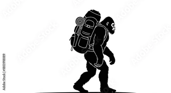 Fototapeta Adventurous Bigfoot hiker with backpack exploring wilderness terrain