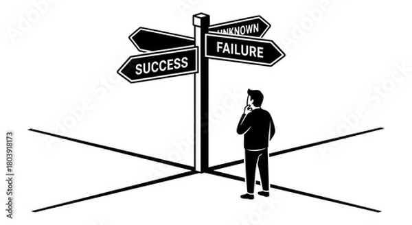 Fototapeta Man ponders choice at crossroads sign pointing to success, failure, unknown