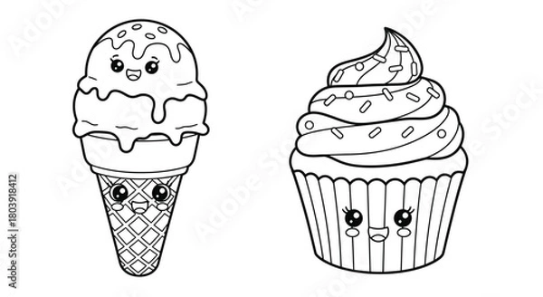 Fototapeta Adorable kawaii ice cream cone and cupcake characters smiling