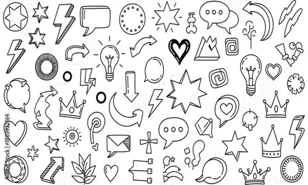 Obraz Hand-drawn doodle set of various icons, including stars, speech bubbles, arrows, and more in black and white