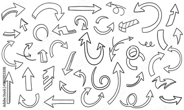Obraz Diverse set of hand-drawn doodle arrows in various styles and directions, ideal graphic design elements for navigation, pointers, and creative illustration projects