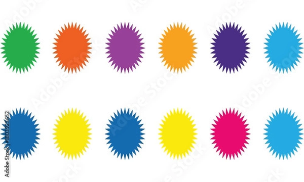 Obraz Set of twelve colorful starburst sticker shapes. A collection of vibrant sunburst badges and labels for promotion, vector illustration