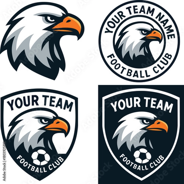 Fototapeta This eye-catching logo collection features a powerful eagle motif, perfect for any football club looking to establish a strong brand presence. The set includes various styles—a circular logo and a shi