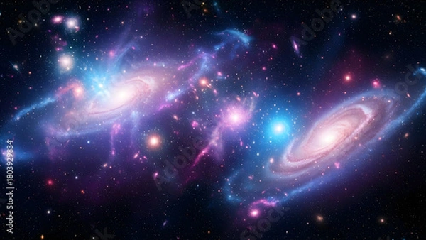 Fototapeta Distant galaxies colliding in a cosmic dance of light and color