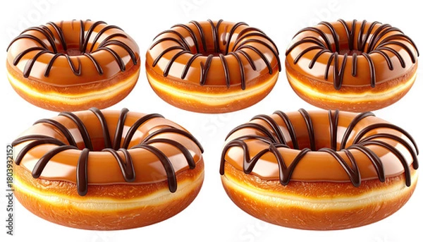 Fototapeta Five caramel-glazed donuts, some drizzled with chocolate frosting