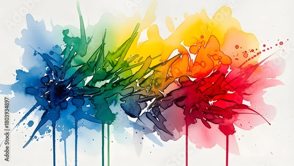 Fototapeta Vibrant watercolor splashes of rainbow colors dripping down