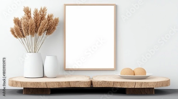 Fototapeta A minimalist arrangement featuring dried pampas grass in white vases, a plate with two round objects, and a blank picture frame on a wooden shelf.