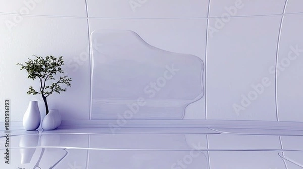 Fototapeta A minimalist interior scene featuring a small green tree in a white vase, set against a smooth, curved wall with subtle paneling.