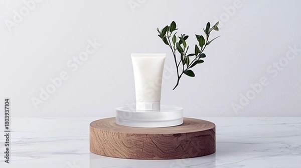 Fototapeta A white cosmetic tube is displayed on a wooden pedestal, accented by a delicate green branch against a plain background.