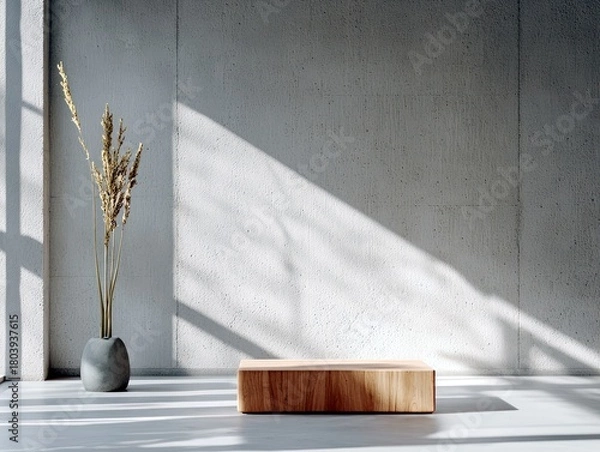 Fototapeta A minimalist interior scene featuring a concrete wall, a wooden block, and dried grass in a vase, with dramatic shadows from natural light.