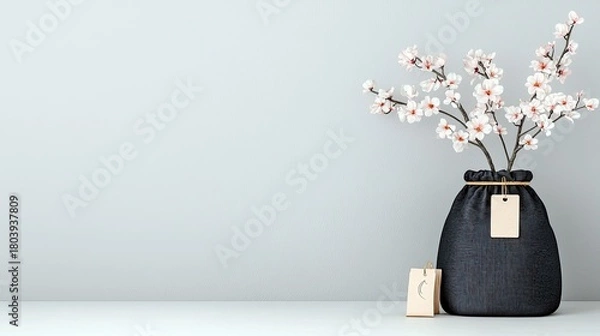 Fototapeta A dark fabric vase filled with white cherry blossoms sits on a white surface next to two gift tags, with a pale blue background.