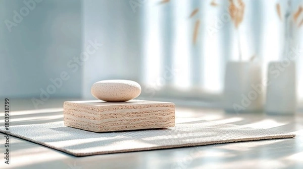 Fototapeta A serene composition featuring a smooth, light-colored stone resting on a layered wooden block, placed on a textured mat, with soft light and blurred background