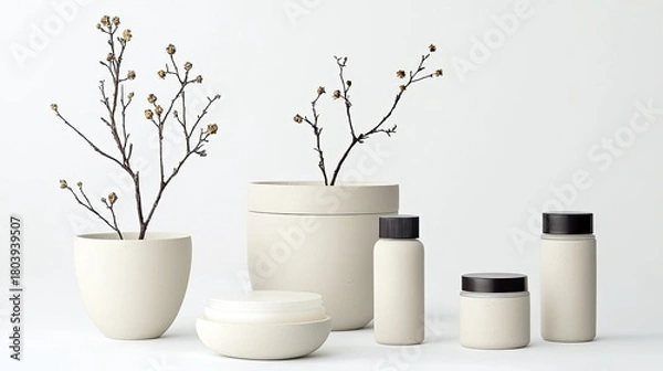 Fototapeta A minimalist arrangement of light-colored skincare bottles and jars with dark caps, alongside two ceramic pots holding dried branches with small buds.