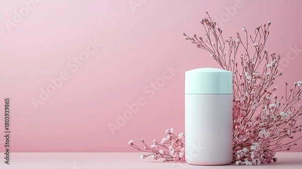 Fototapeta A white cylindrical container with a light blue lid sits beside a delicate cluster of pink flowers on a pink surface.