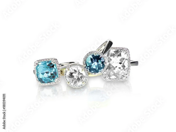 Fototapeta Set of rings gemstone fine jewelry. Group stack or cluster of multiple gemstone diamond rings.
