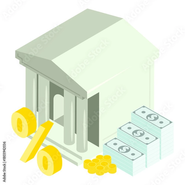 Fototapeta Isometric bank borrowing money for business development at interest. Isolated cartoon vector on white background top view