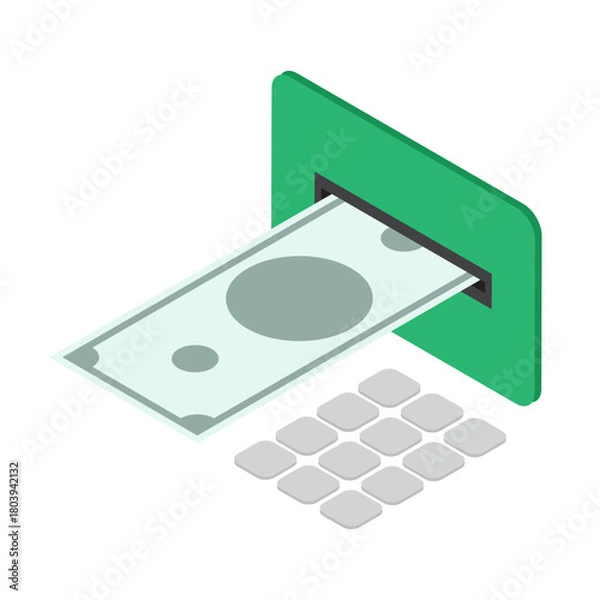Fototapeta Isometric dollar cash is accepted into a bill acceptor at a street bank terminal. Isolated cartoon vector on white background top view