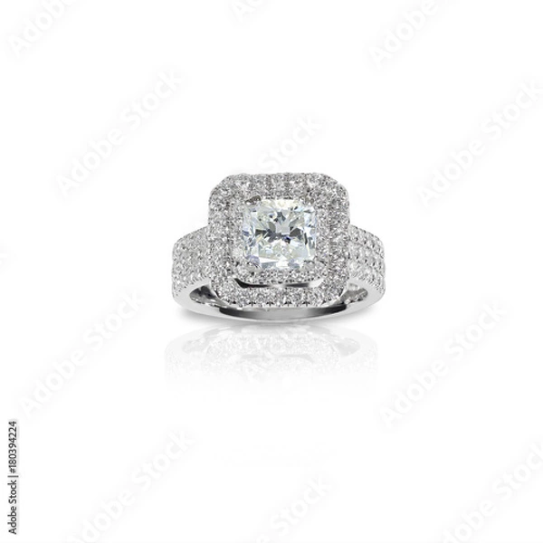 Obraz Beautiful Diamond Engagment ring. Gemstone square princess cut surrounded by two halo of diamonds.