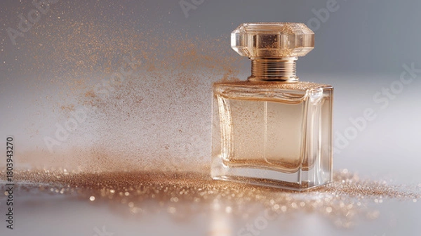 Obraz Luxury Perfume Bottle with Floating Golden Dust – Elegant Fragrance Concept