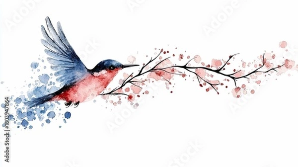 Obraz A watercolor painting of a blue and red hummingbird flying next to a delicate cherry blossom branch with pink petals.