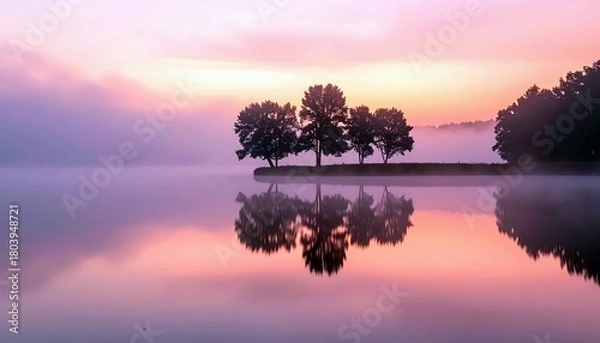 Fototapeta A serene lake reflects the soft pink and purple hues of a misty sunrise, with silhouetted trees lining the distant shore.