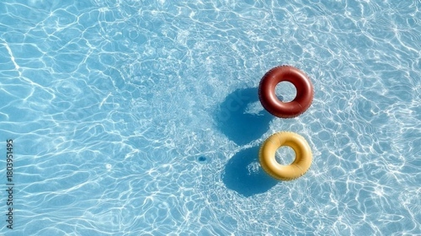 Obraz Two inflatable rings, one red and one yellow, float on the surface of a clear blue swimming pool, casting shadows below.