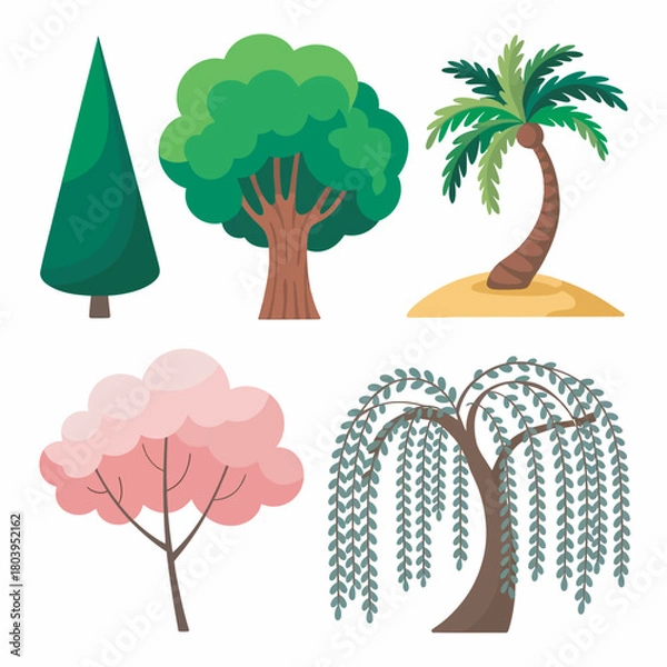 Fototapeta Vector set of green cartoon trees and plants in a simple nature landscape design