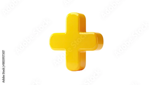 Obraz 3D yellow plus sign isolated on black background, glossy