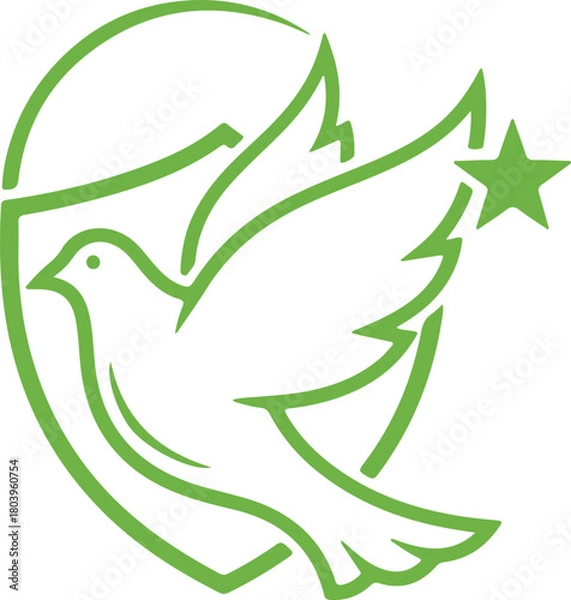 Fototapeta Green Dove Peace Shield Emblem with Star – Minimalist Line Art Vector Logo Design Symbol