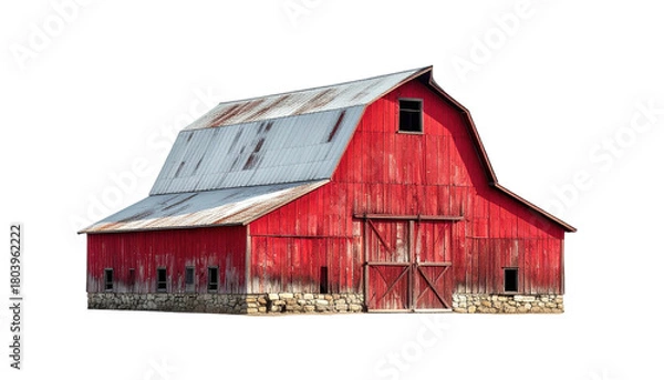 Fototapeta Weathered red barn with silver roof; rustic farm building