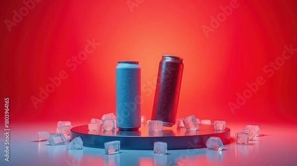 Obraz Two beverage cans on a display with ice cubes and red lighting