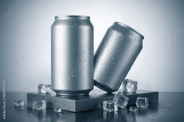 Obraz Two Silver Beverage Cans with Ice Cubes drink cold