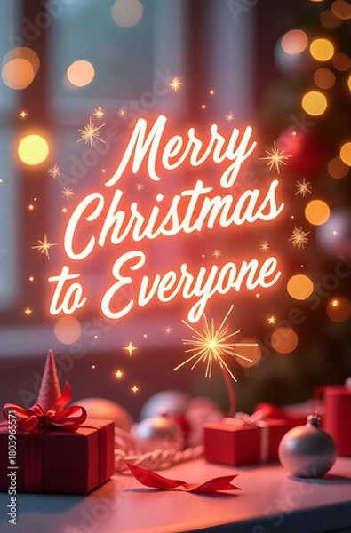 Fototapeta Vibrant, vertical Merry Christmas greetings featuring warm bokeh lights, wrapped red gifts, ornaments, and a glowing neon-style message for universal holiday cheer.