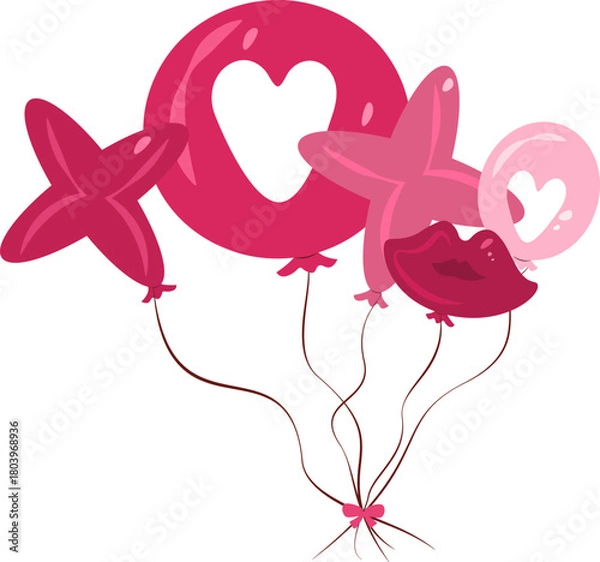 Fototapeta Cute, glossy vector balloon cluster featuring "XO" shapes, a heart cutout, and kiss lips, perfect for Valentine's Day greeting cards and romantic celebrations.