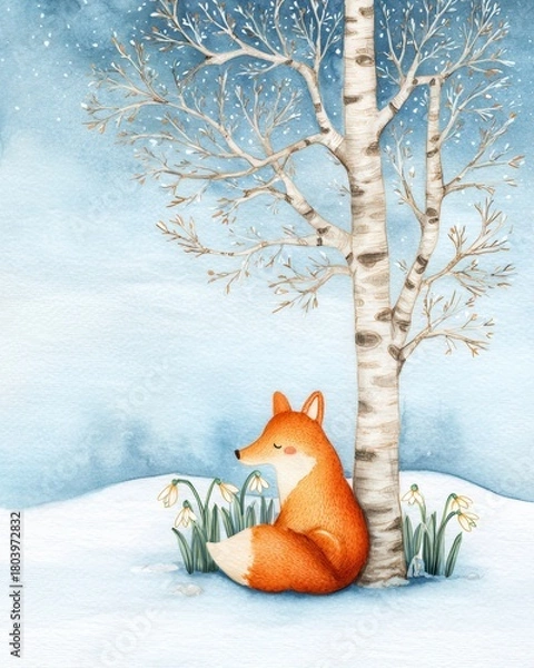 Fototapeta Winter scene with fox by birch tree snowy landscape digital art peaceful environment whimsical viewpoint