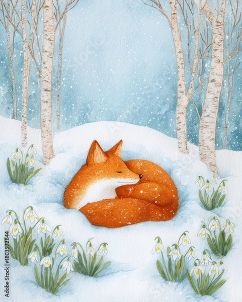 Fototapeta Resting fox in snowy forest nature illustration winter wonderland serene environment cozy viewpoint