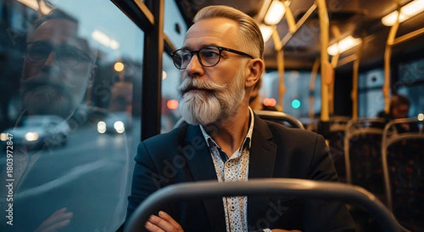 Obraz Mature man with beard and glasses looking out bus window at city lights